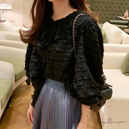 French Style Lace Up Relaxed Blouse Black / One Size blouse-250223