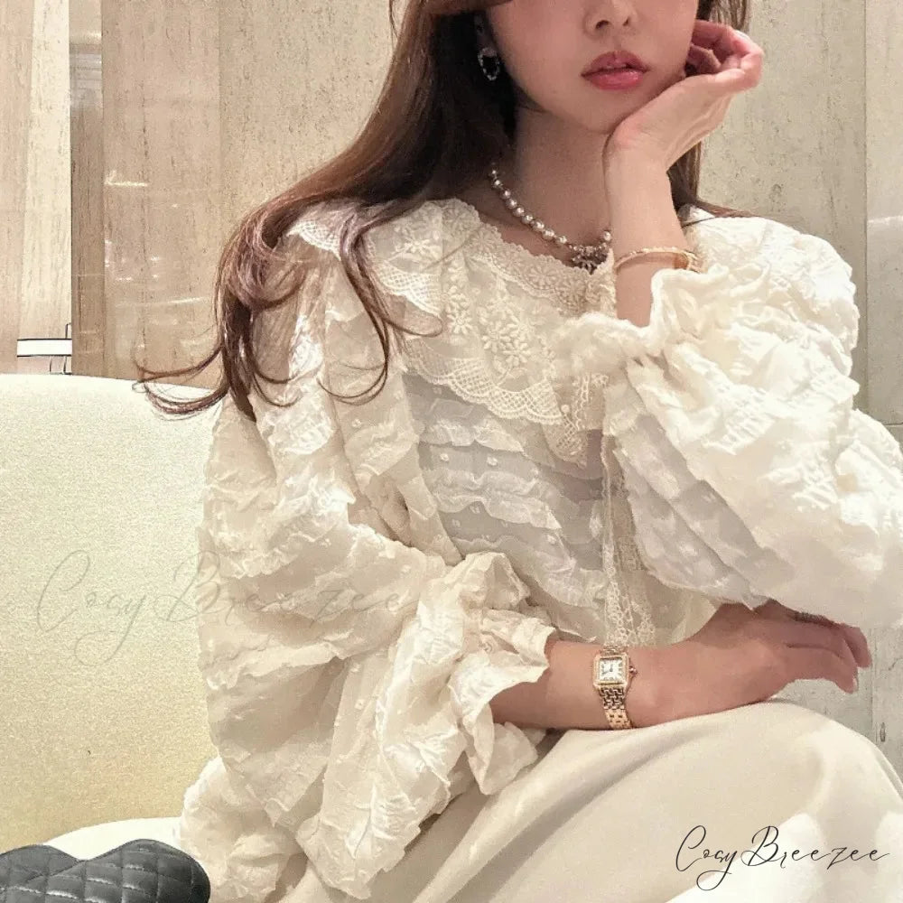 French Style Lace Up Relaxed Blouse WHITE / One Size blouse-250223