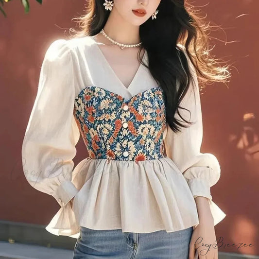 French Waist-cinched V-neck Two-piece Blouse Beige / S blouse-250126