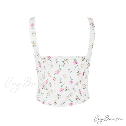 Fresh Tie Front Square Neck Frill Sophisticated Bustier Floral Printed Tank Top - Blue