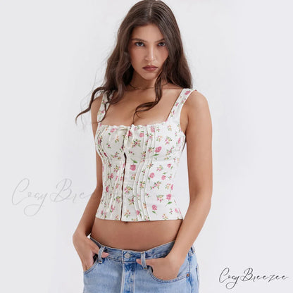 Fresh Tie Front Square Neck Frill Sophisticated Bustier Floral Printed Tank Top - Blue S / Pink