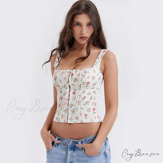 Fresh Tie Front Square Neck Frill Sophisticated Bustier Floral Printed Tank Top - Blue S / Pink