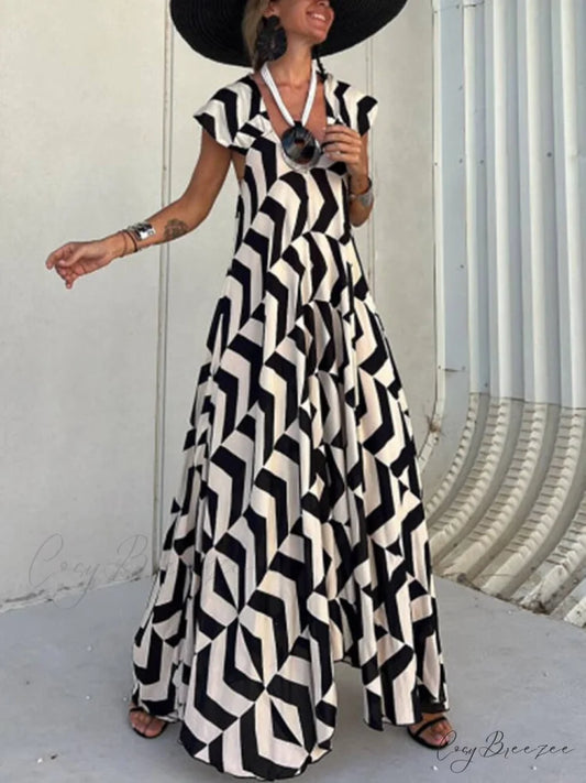 Fresh Unique Ethnic Print Graceful Ruffle Sleeve A-line Maxi Dress Black / S