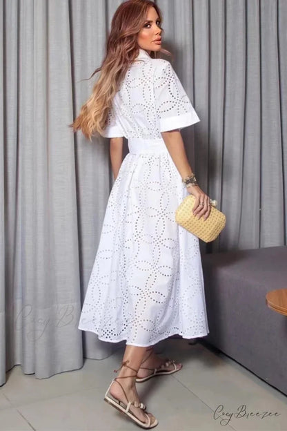 Fresno White Eyelet Trendy Button-Up Midi Dress