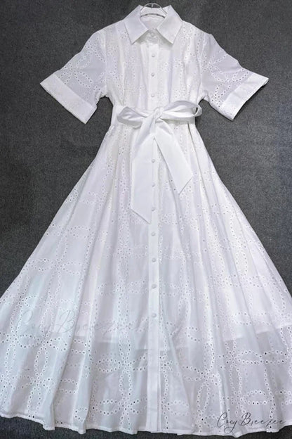 Fresno White Eyelet Trendy Button-Up Midi Dress