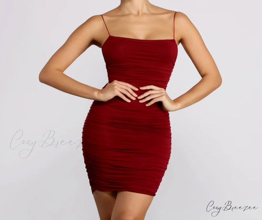 Friday Night Stylish Ruched Midi Dress BURGUNDY / XS