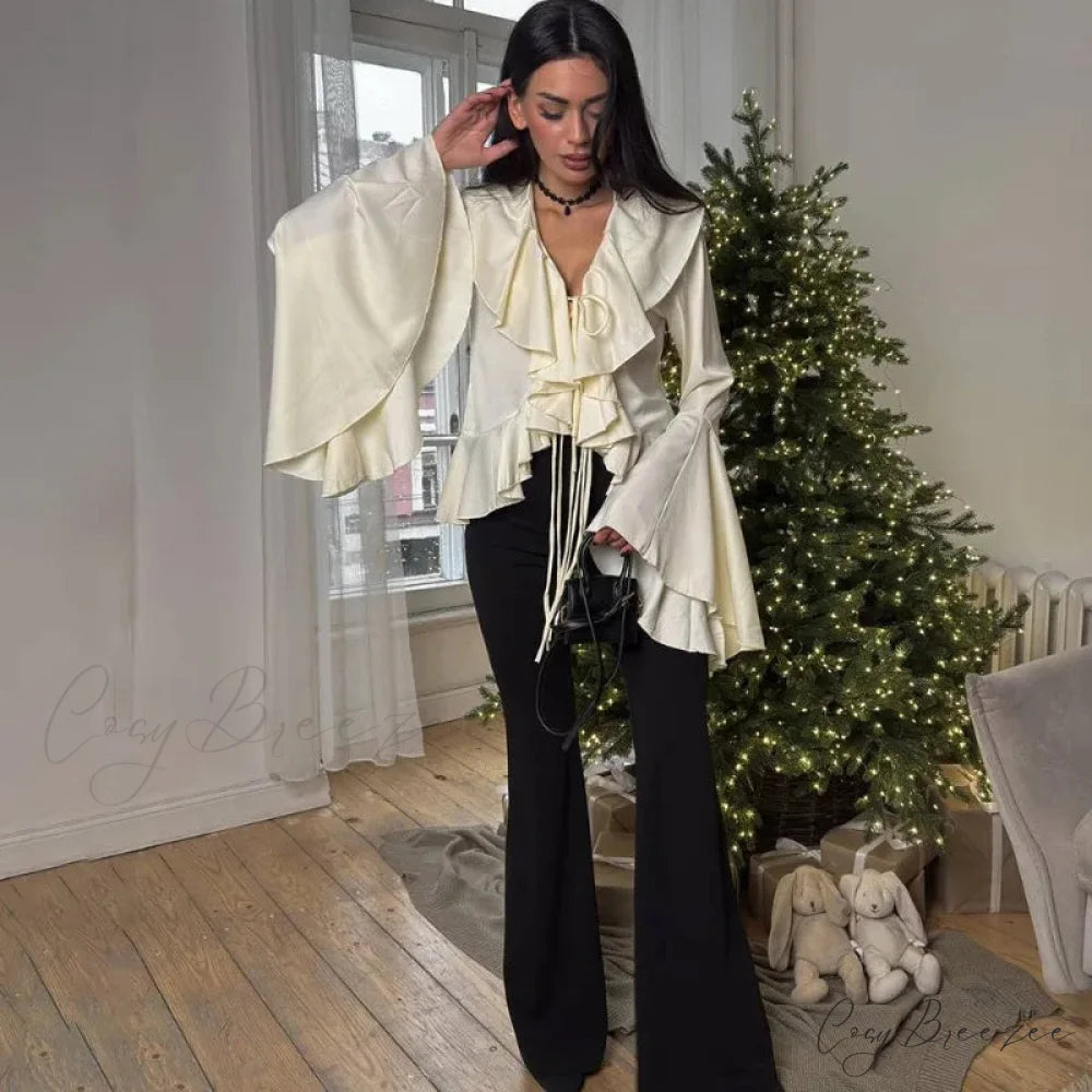 Frilled Lace-up V-neck Relaxed Long Sleeve Blouse blouse-250126