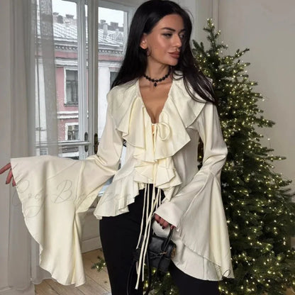 Frilled Lace-up V-neck Relaxed Long Sleeve Blouse blouse-250126