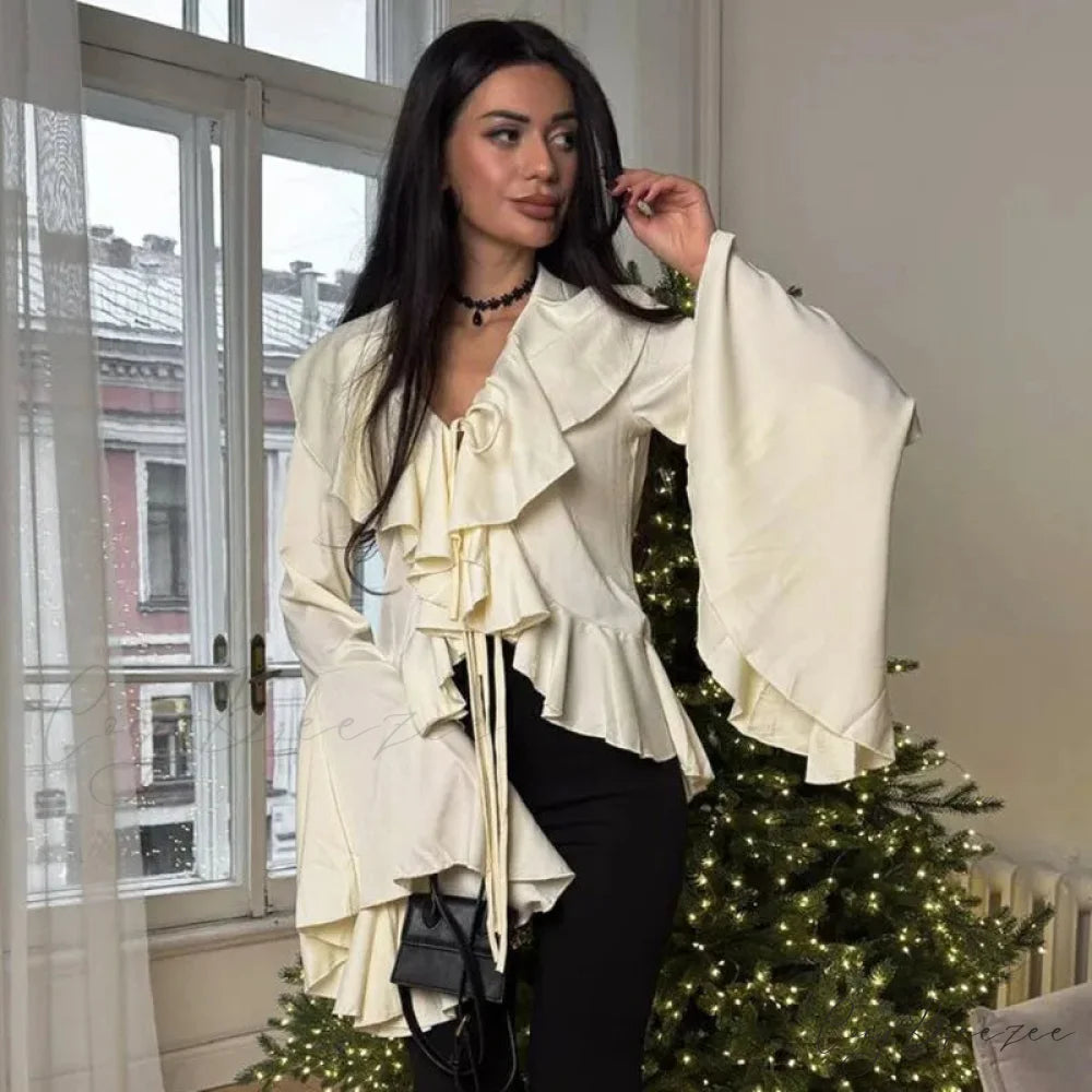 Frilled Lace-up V-neck Relaxed Long Sleeve Blouse blouse-250126