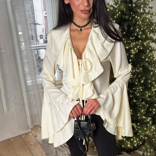 Frilled Lace-up V-neck Relaxed Long Sleeve Blouse WHITE / S blouse-250126