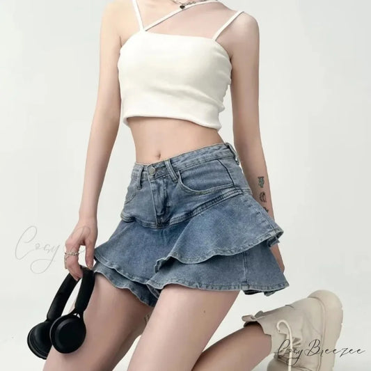 Frilled Mini Denim School Skirt Blue / S skirts-250223