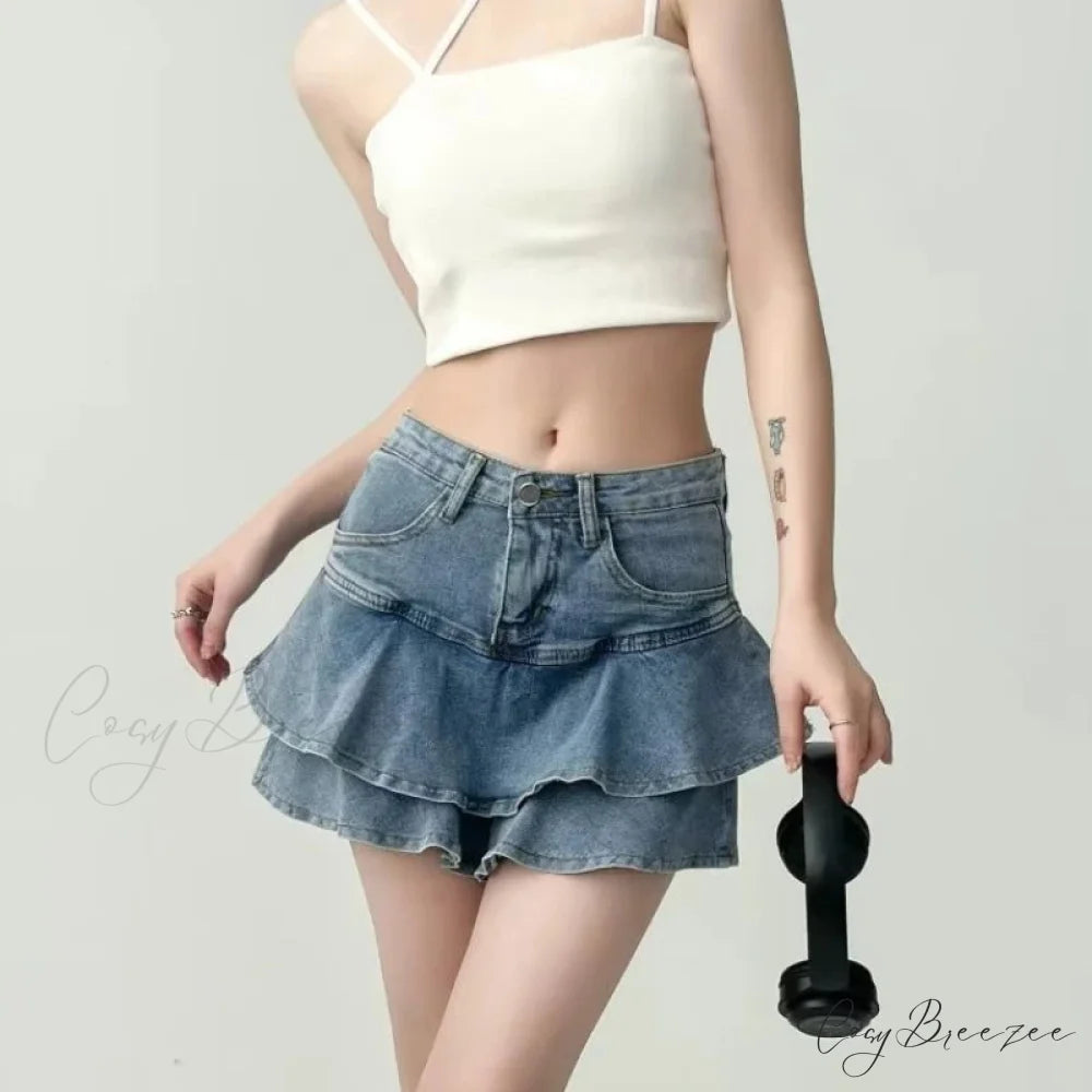 Frilled Mini Denim School Skirt skirts-250223