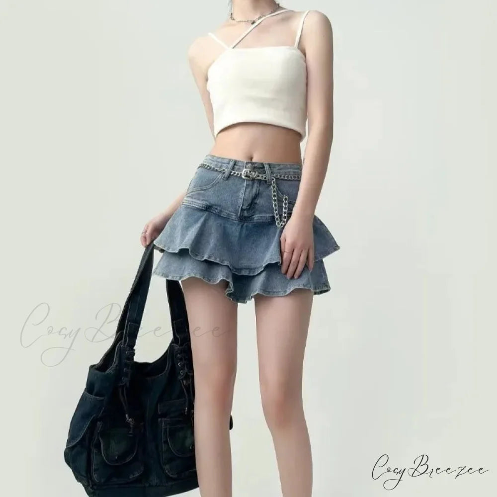 Frilled Mini Denim School Skirt skirts-250223