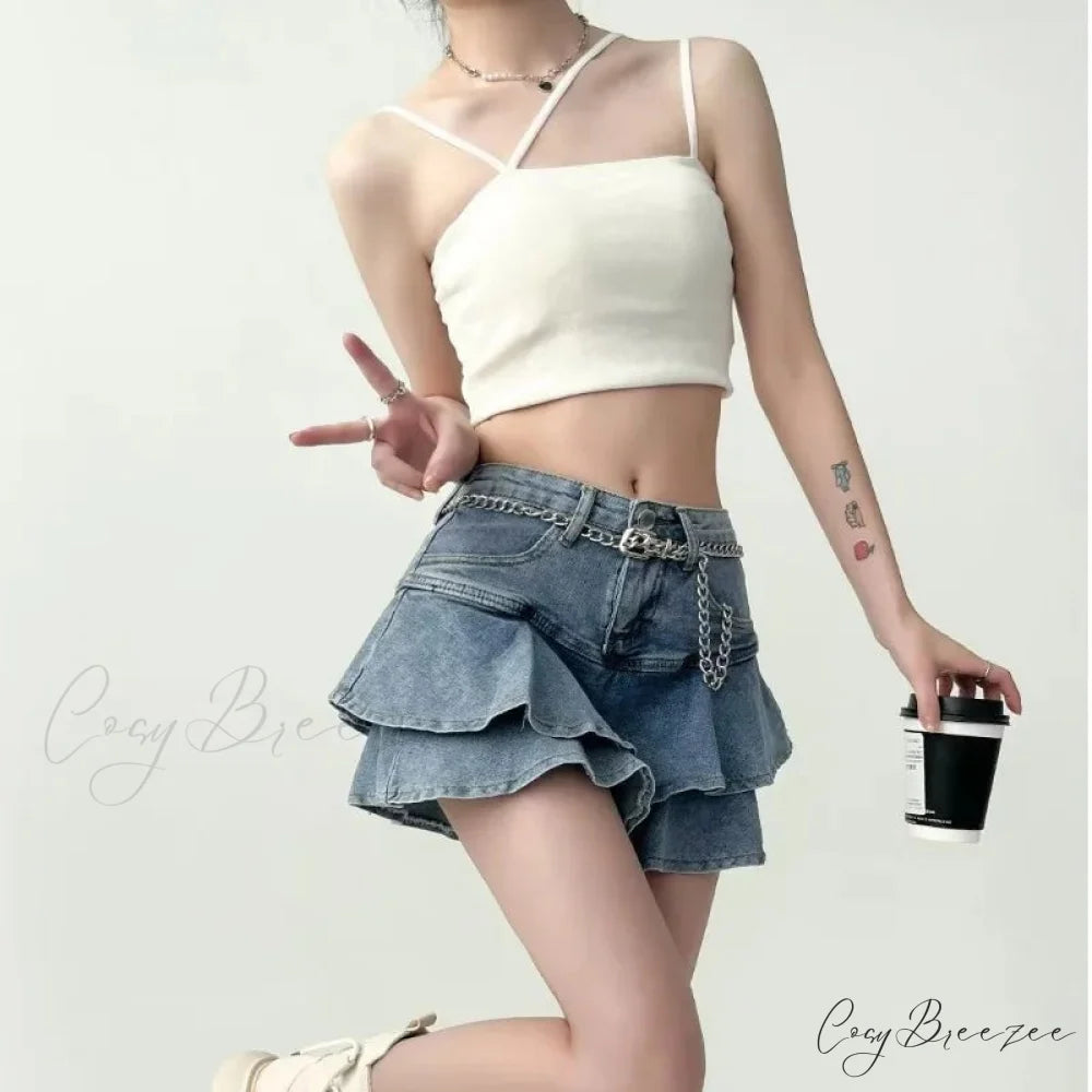 Frilled Mini Denim School Skirt skirts-250223