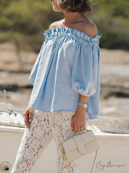 Frilled Off-shoulder Plain Trendy Blouse blue / S blouse-250126