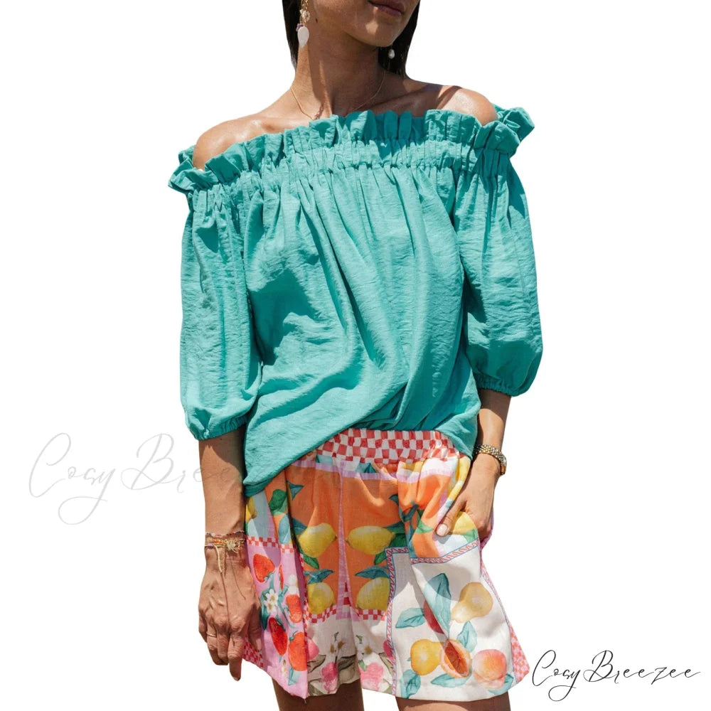 Frilled Off-shoulder Plain Trendy Blouse green / S blouse-250126
