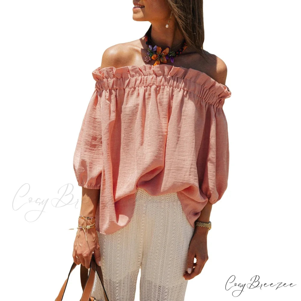 Frilled Off-shoulder Plain Trendy Blouse pink / S blouse-250126