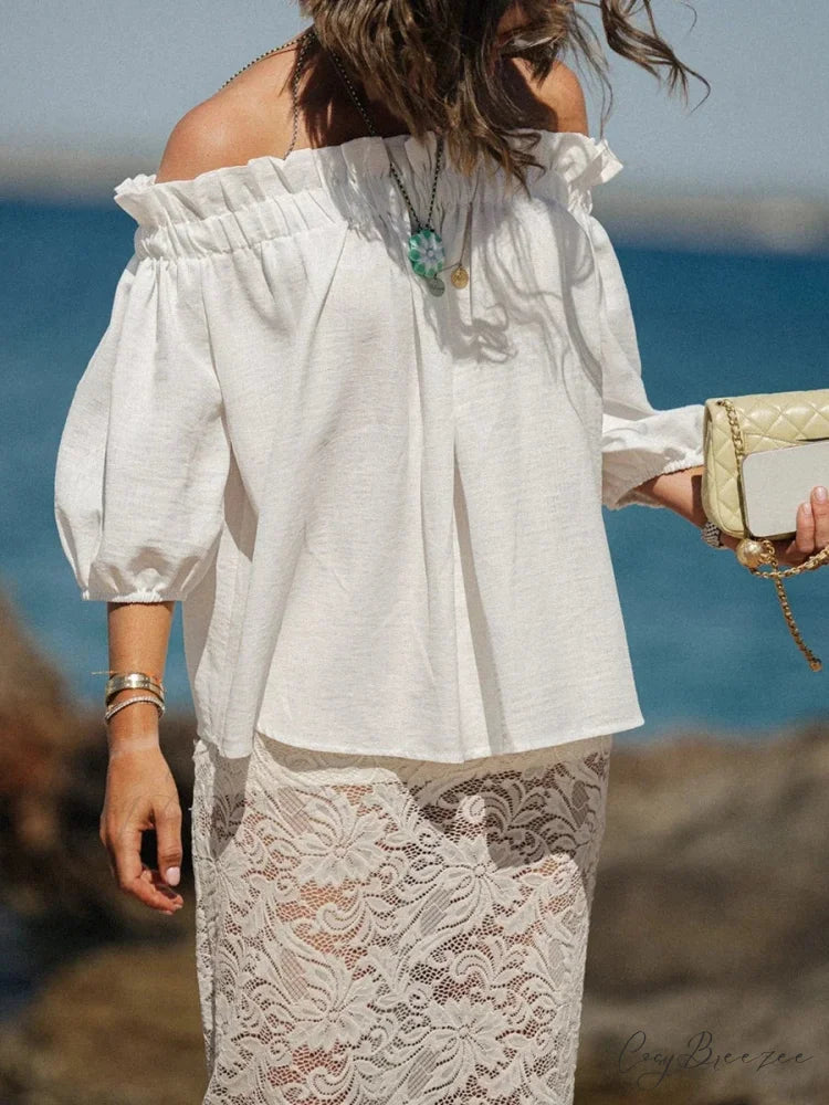 Frilled Off-shoulder Plain Trendy Blouse white / S blouse-250126