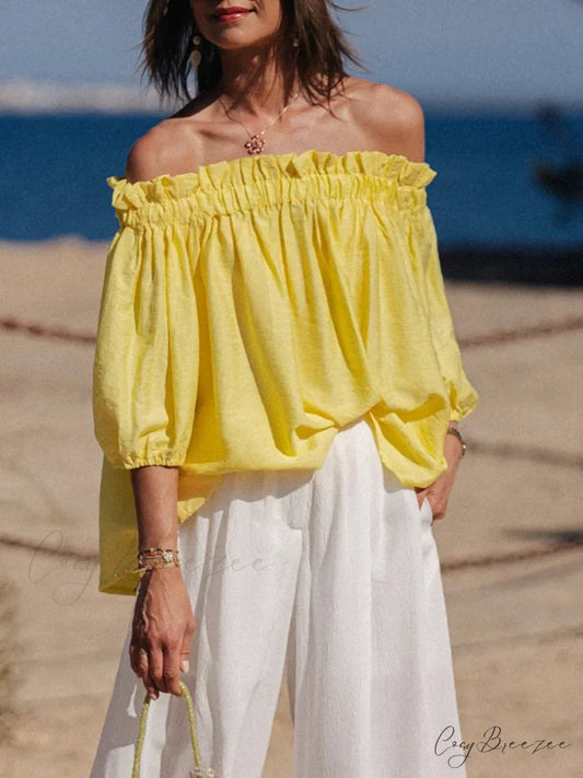 Frilled Off-shoulder Plain Trendy Blouse yellow / S blouse-250126