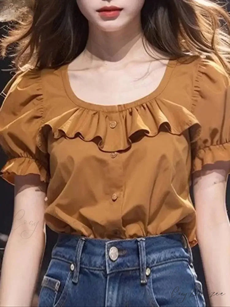 Frilled Plain Puffy Sleeve Relaxed Tunic Blouse blouse-250126