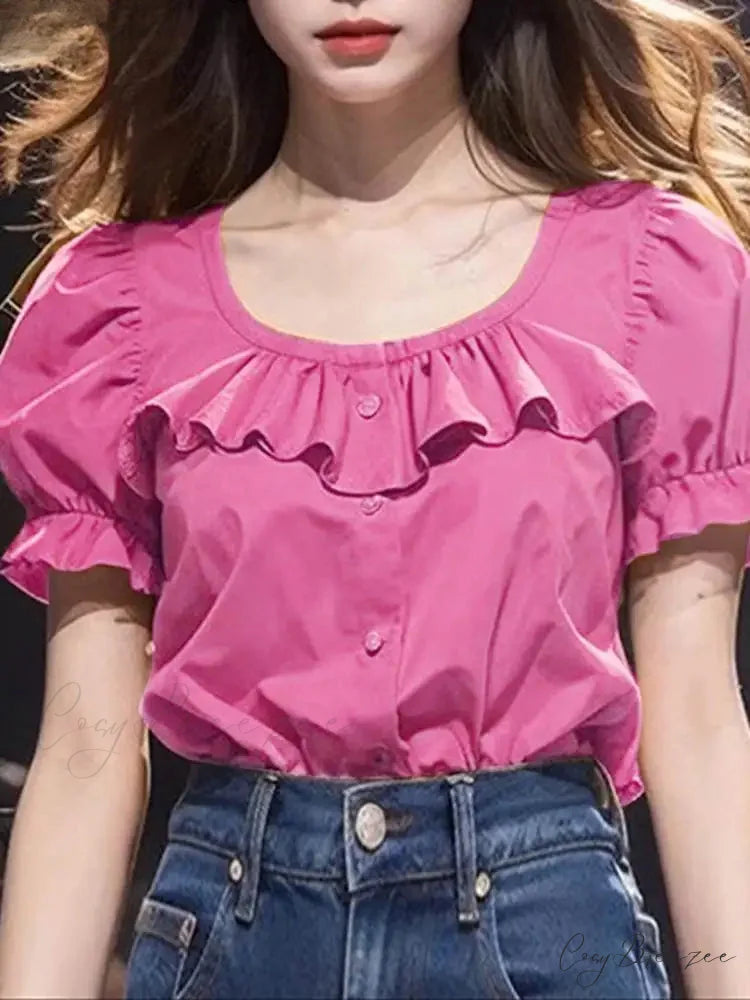 Frilled Plain Puffy Sleeve Relaxed Tunic Blouse blouse-250126