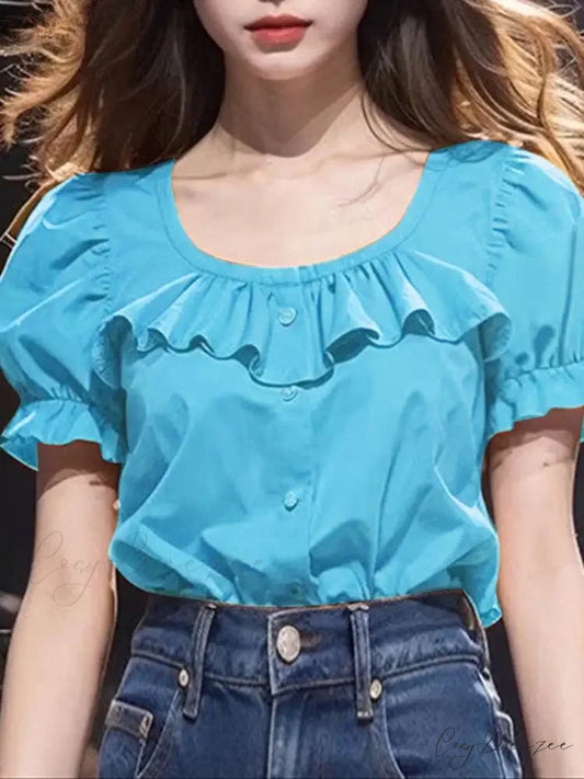 Frilled Plain Puffy Sleeve Relaxed Tunic Blouse blouse-250126