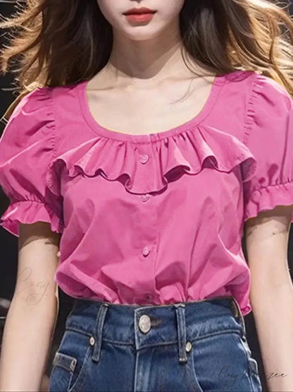 Frilled Plain Puffy Sleeve Relaxed Tunic Blouse Dark Pink / S blouse-250126
