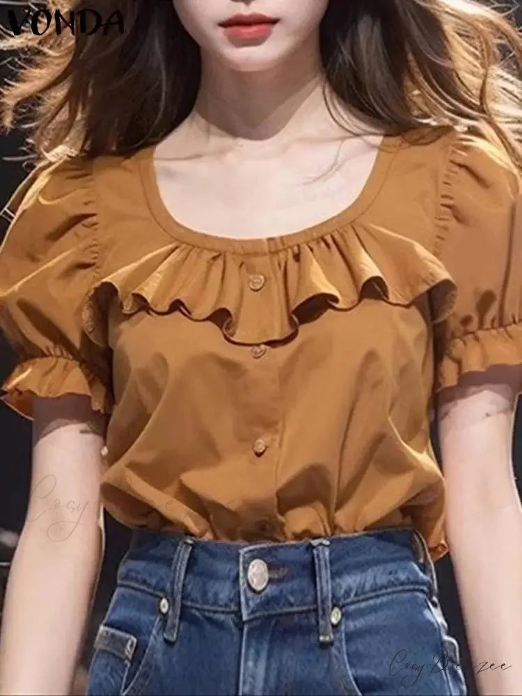 Frilled Plain Puffy Sleeve Relaxed Tunic Blouse Khaki / S blouse-250126