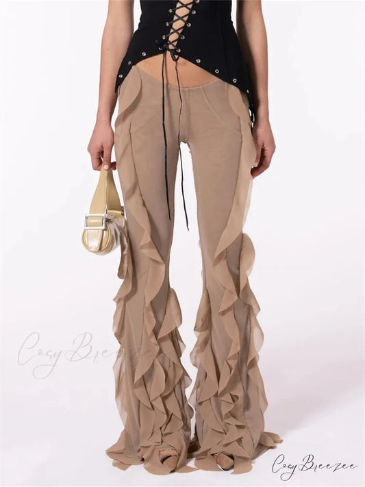 Frilled Pleated Strapped Mini Dress KHAKI / S pant-250223