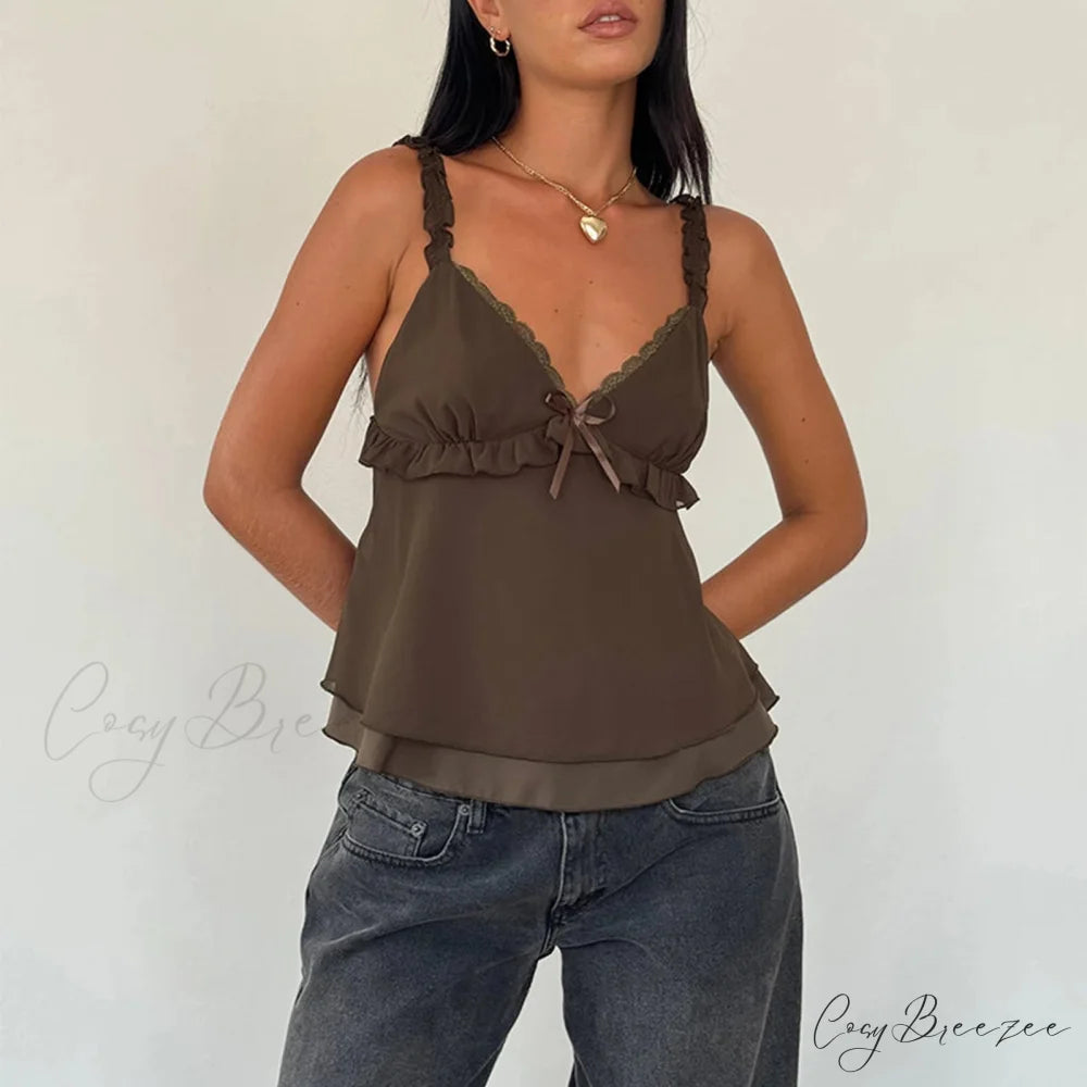 Frilled Ruffle Square Crop Top Brown / S croptop-250223