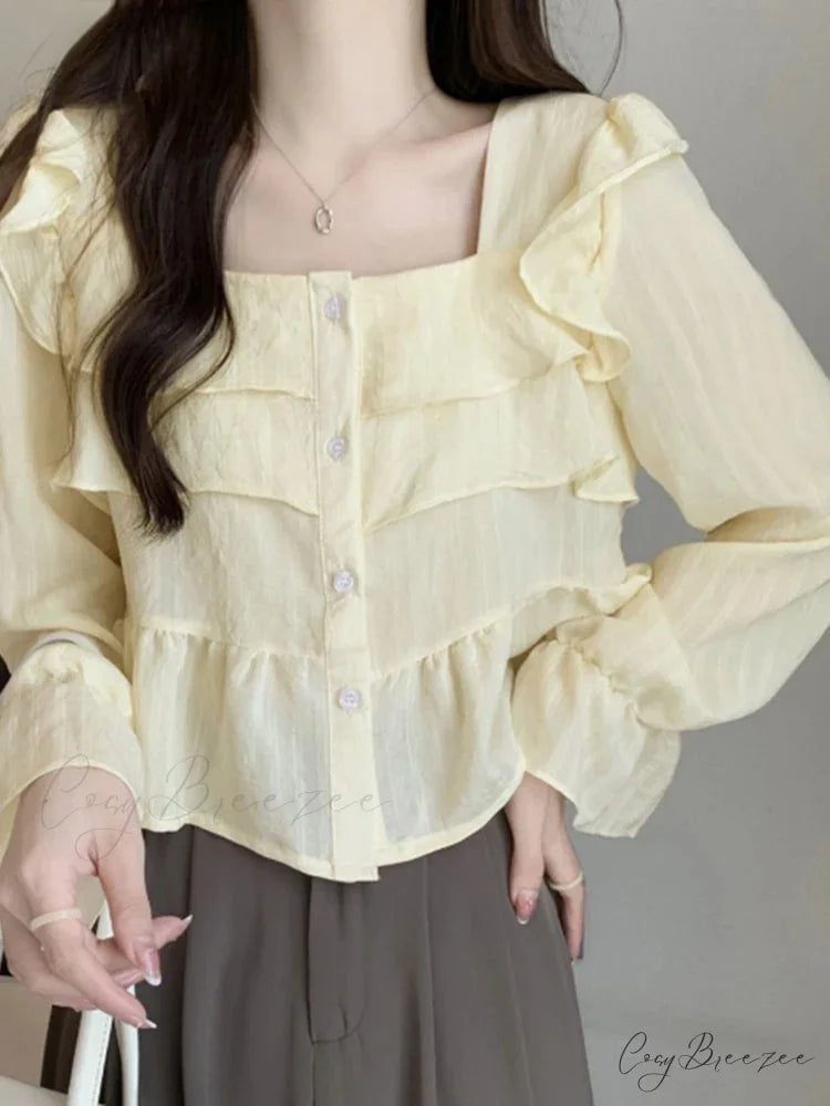 Frilled Square-neck Flared Sleeve Stylish Blouse Beige / S blouse-250126