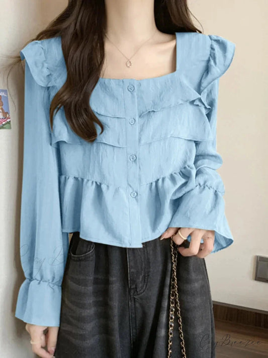 Frilled Square-neck Flared Sleeve Stylish Blouse Blue / S blouse-250126