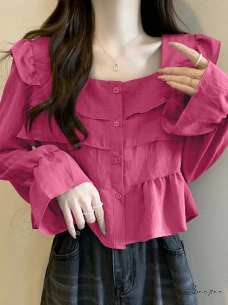 Frilled Square-neck Flared Sleeve Stylish Blouse Dark Pink / S blouse-250126