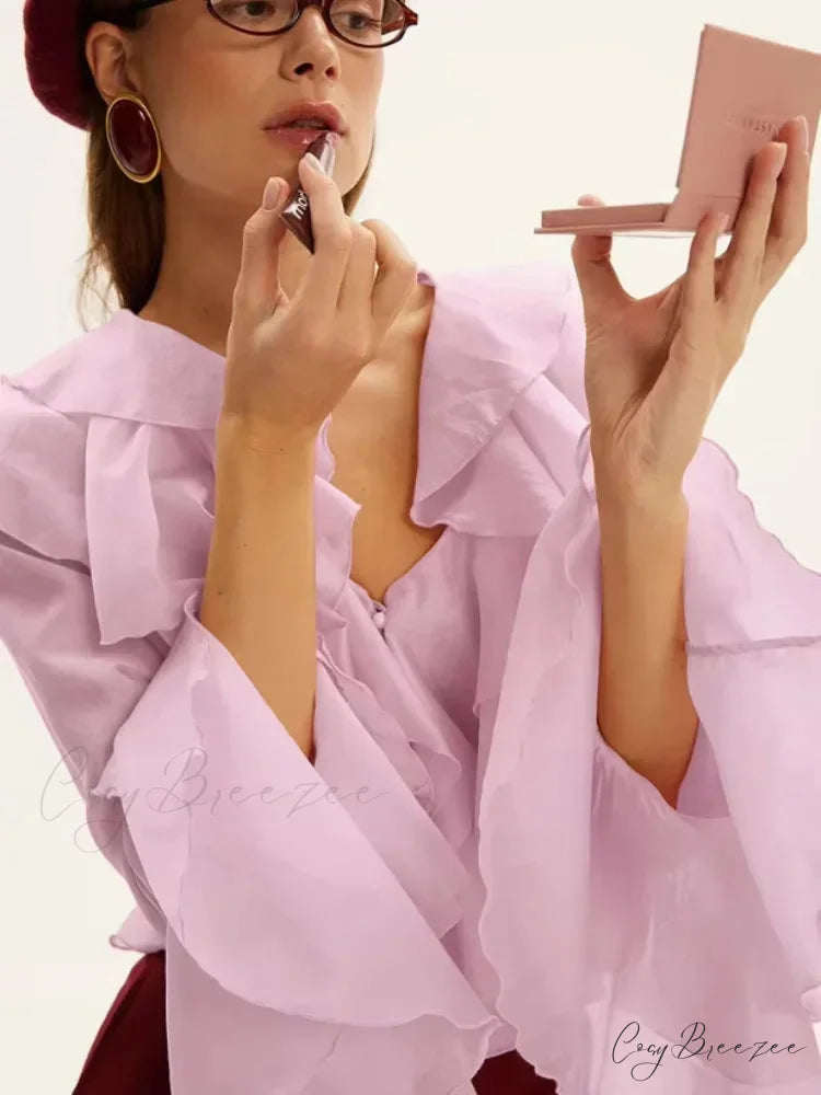Frilled V Neck Pink Chiffon Blouse blouse-250223