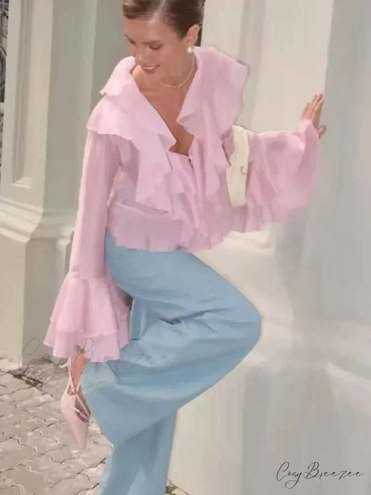 Frilled V Neck Pink Chiffon Blouse blouse-250223