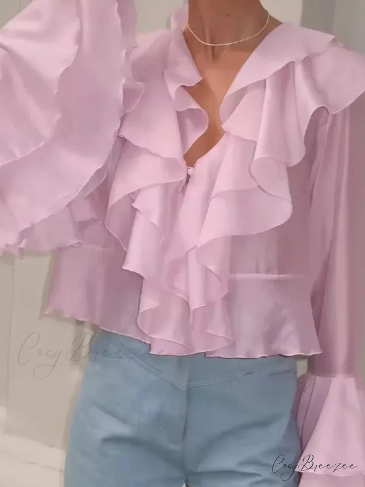 Frilled V Neck Pink Chiffon Blouse blouse-250223