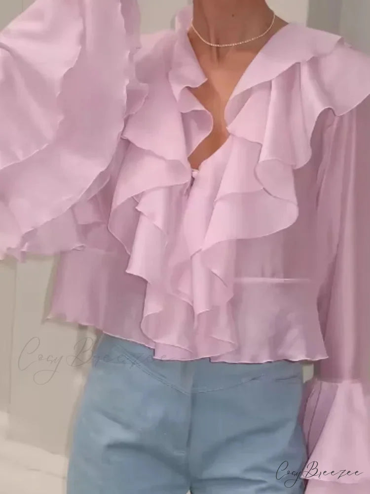 Frilled V Neck Pink Chiffon Blouse blouse-250223