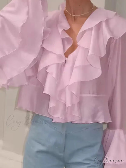 Frilled V Neck Pink Chiffon Blouse blouse-250223
