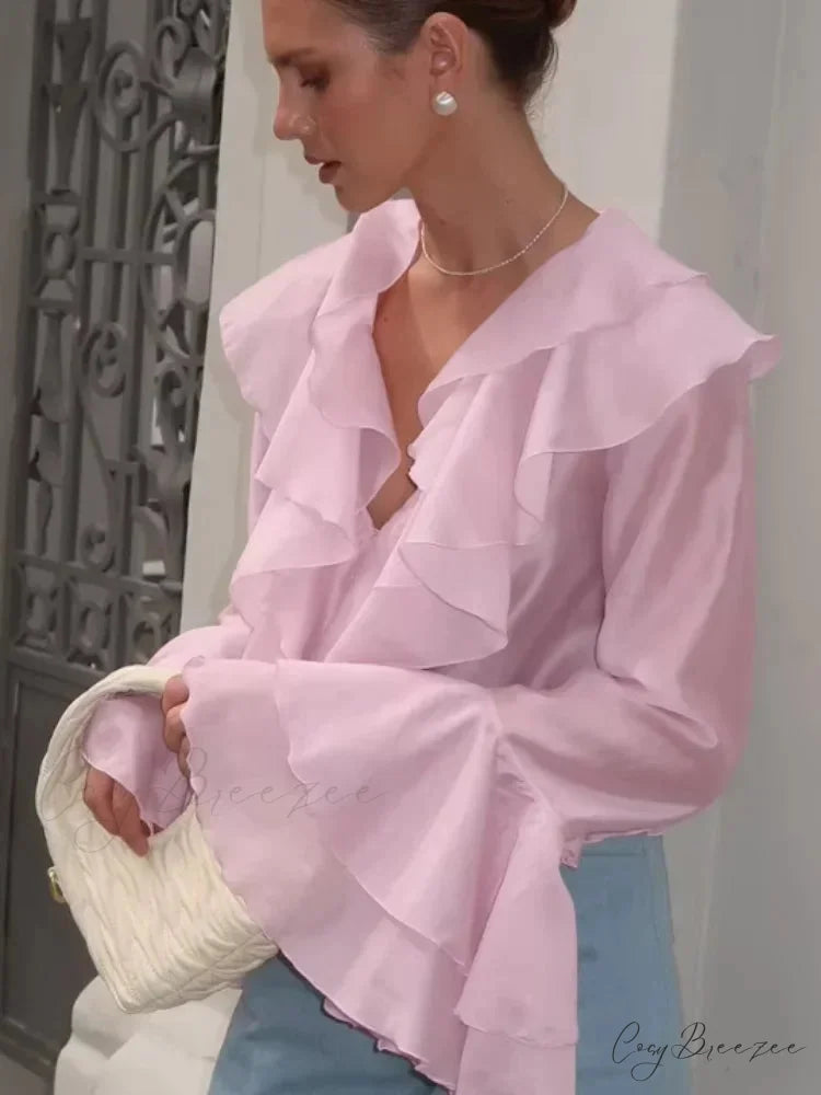 Frilled V Neck Pink Chiffon Blouse Pink / S blouse-250223
