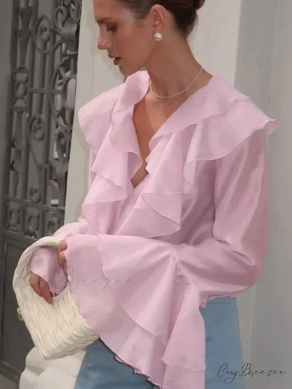 Frilled V Neck Pink Chiffon Blouse Pink / S blouse-250223