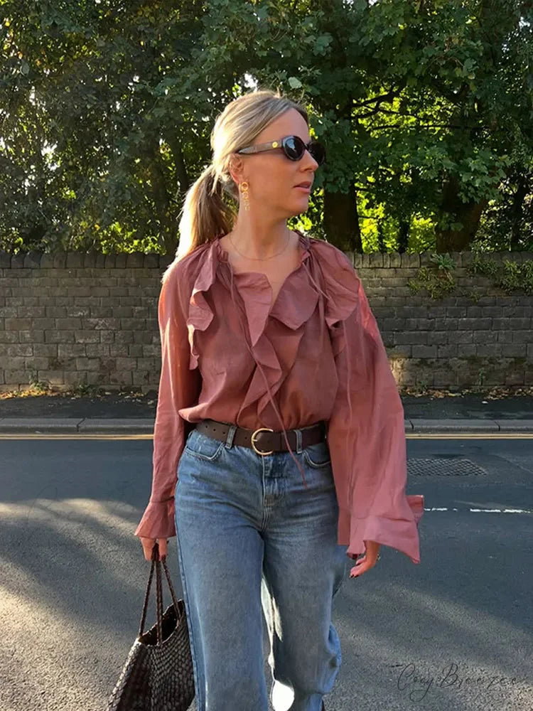 Frills Lace Up V Neck Gauze Blouse blouse-250223