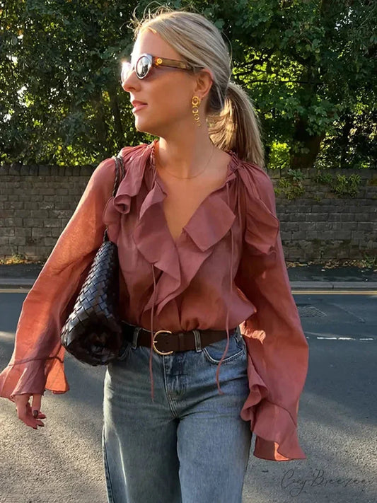 Frills Lace Up V Neck Gauze Blouse maroon / S blouse-250223