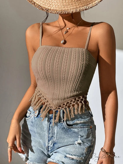Fringe Trim Cami Top Khaki / S