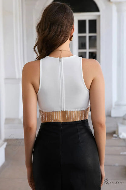Fringe Zip-Back Crop Rhinestone Top