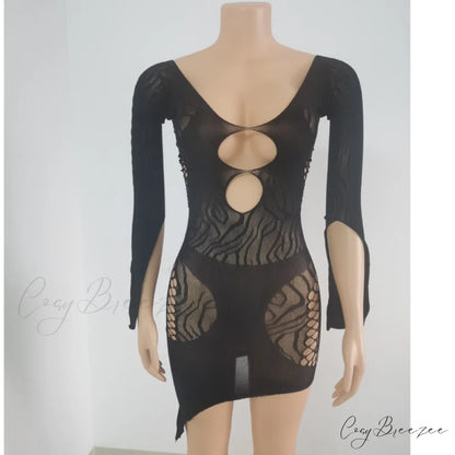 Front Hollow Cut Off-shoulder Graceful Bodycon Mesh Mini Dress Black / One Size