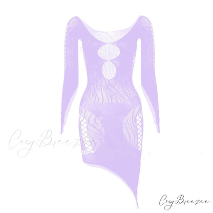 Front Hollow Cut Off-shoulder Graceful Bodycon Mesh Mini Dress Lavender / One Size