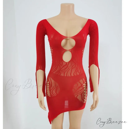 Front Hollow Cut Off-shoulder Graceful Bodycon Mesh Mini Dress Red / One Size