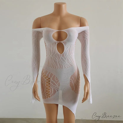 Front Hollow Cut Off-shoulder Graceful Bodycon Mesh Mini Dress White / One Size