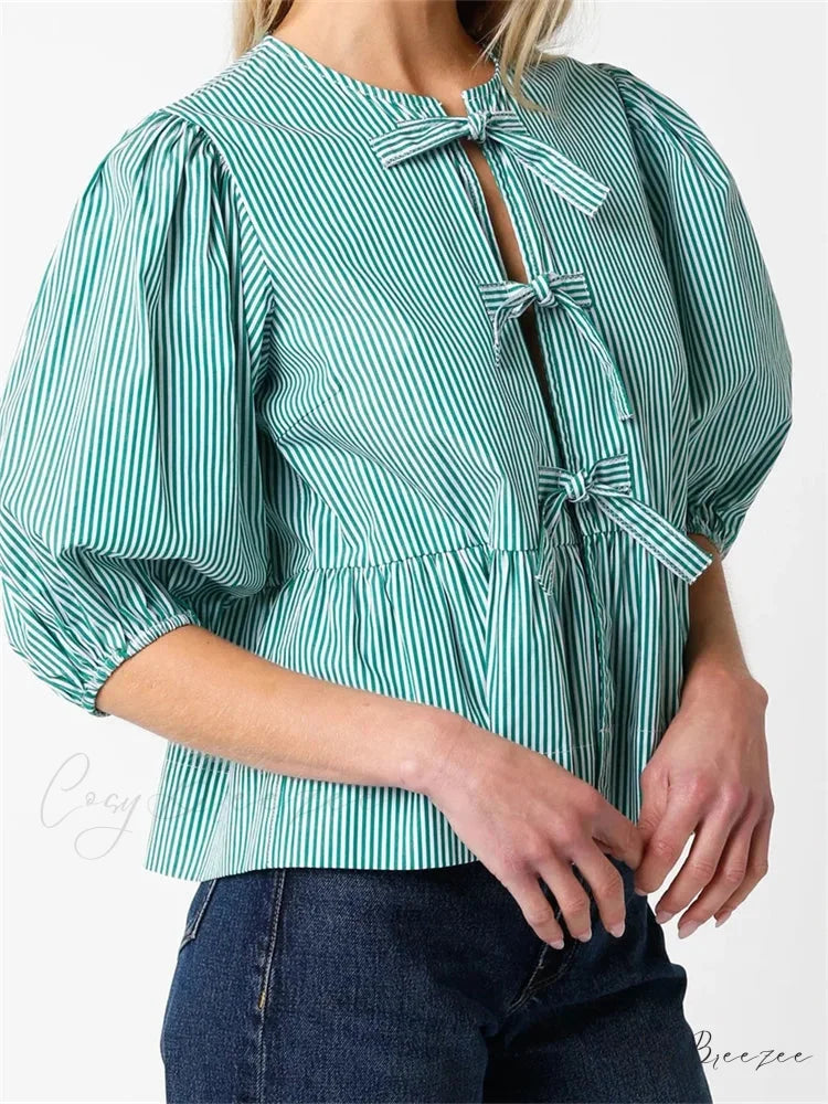 Front Split Bowknot Tie-Up Puff Sleeve Shirt blouse-250223