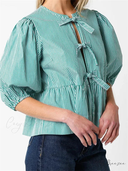 Front Split Bowknot Tie-Up Puff Sleeve Shirt blouse-250223